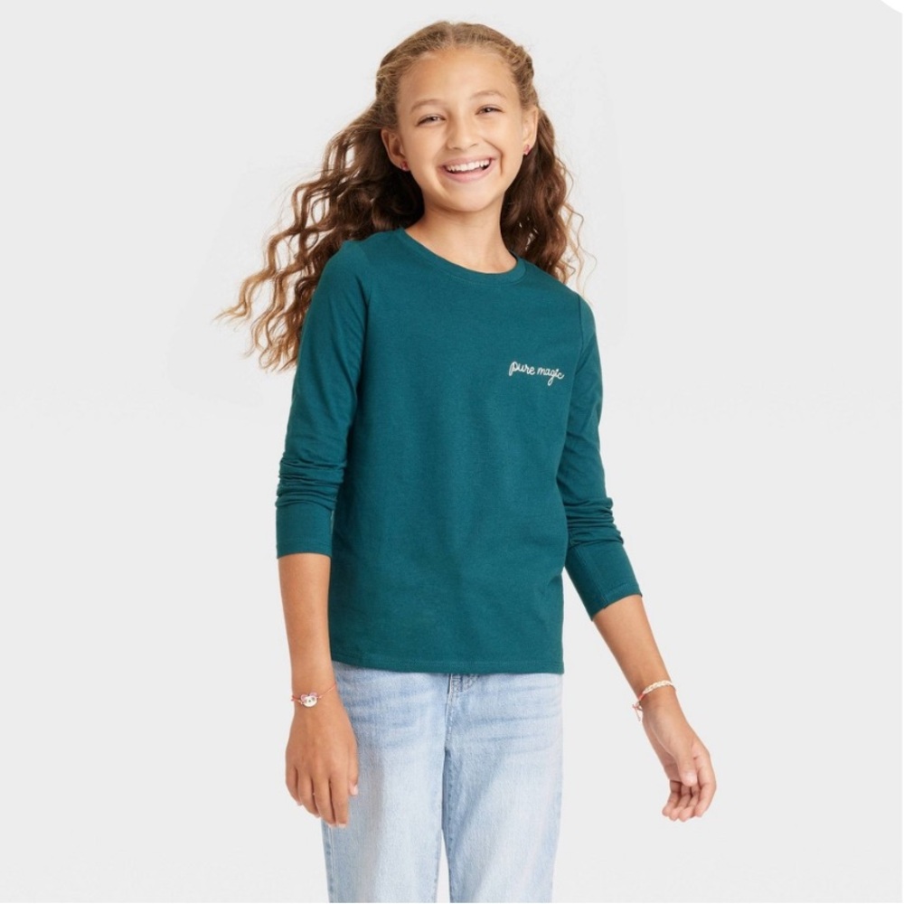 Cat & Jack Girls' Teal Long Sleeve Graphic Tee